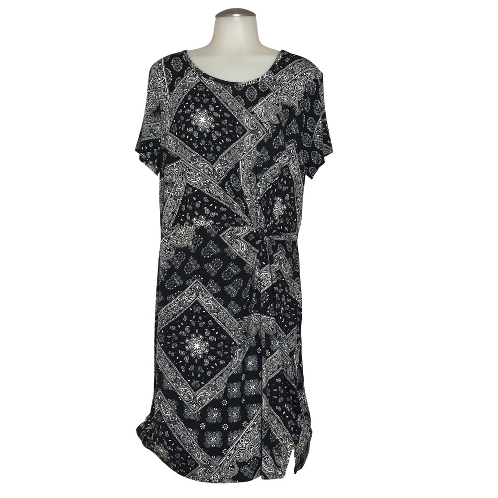 Maurices Paisley Bandana Knot Front Dress Women L Black White Short Sleeve NEW